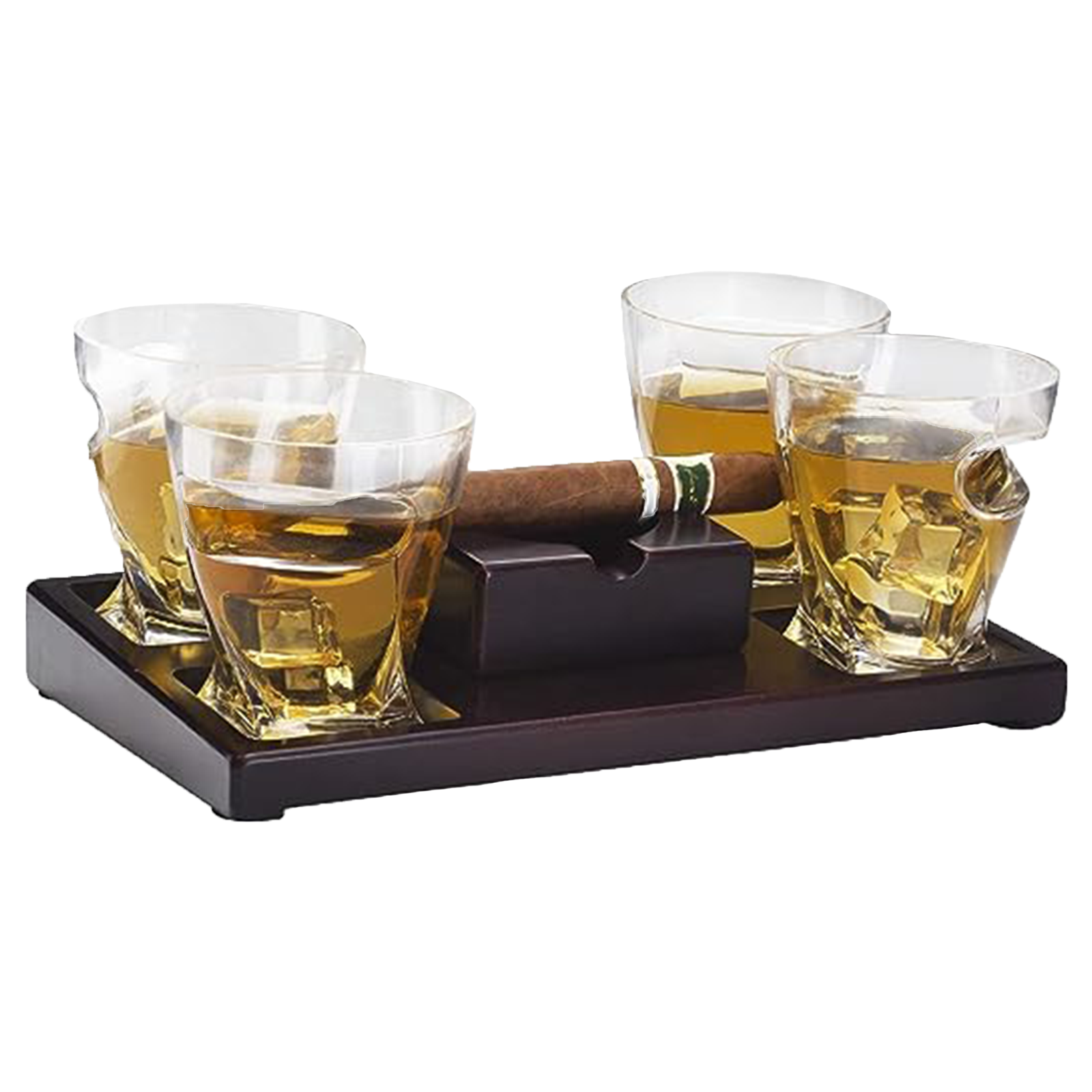The Wine Savant Cigar Glasses Tray & Ash Tray, 4 Whiskey Cigar Glasses Slot to Hold Cigar, Whiskey Glass Gift Set, Cigar Rest, Accessory Set Gift for Dad, Men Home Office Decor Gifts, Man Cave-2