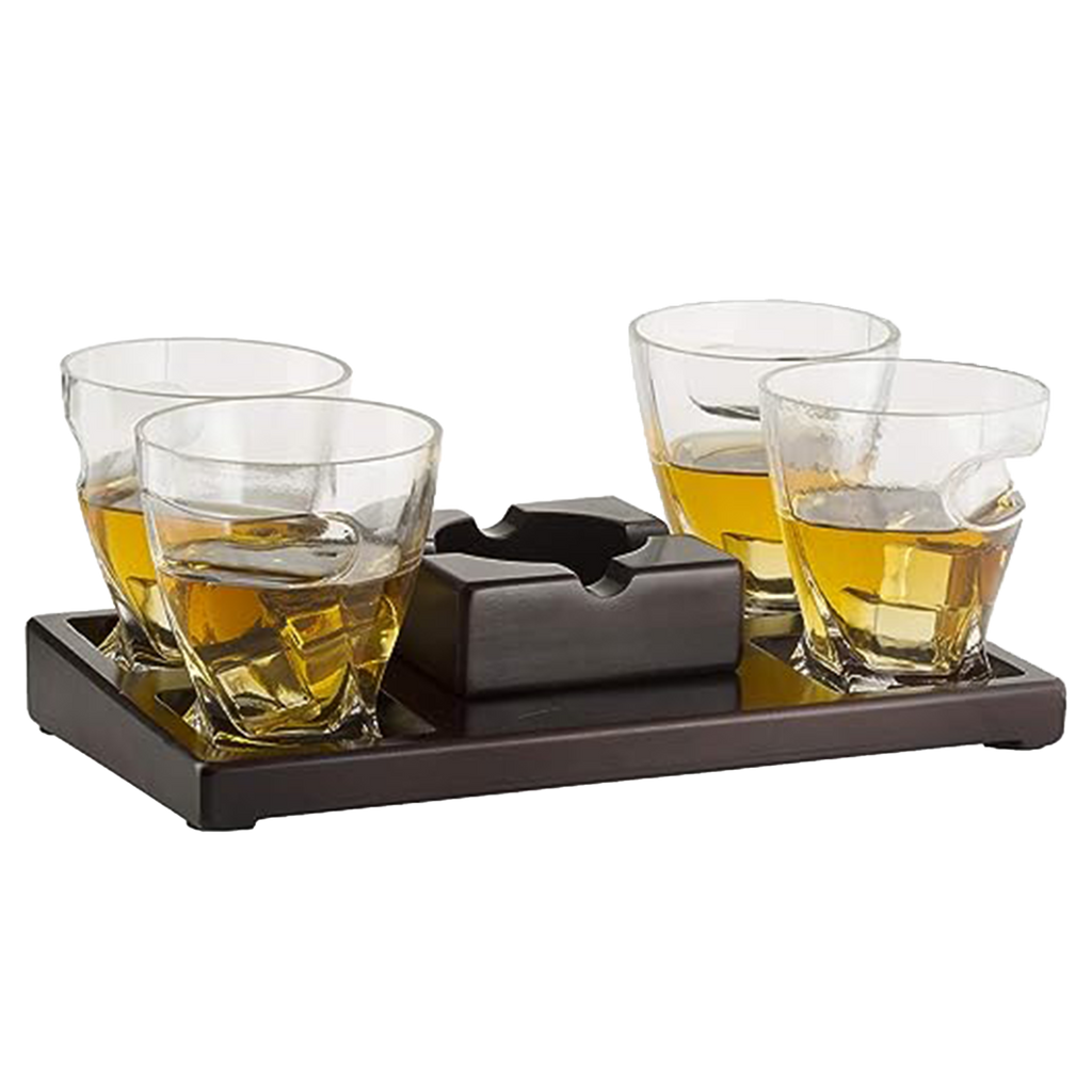 The Wine Savant Cigar Glasses Tray & Ash Tray, 4 Whiskey Cigar Glasses Slot to Hold Cigar, Whiskey Glass Gift Set, Cigar Rest, Accessory Set Gift for Dad, Men Home Office Decor Gifts, Man Cave-1